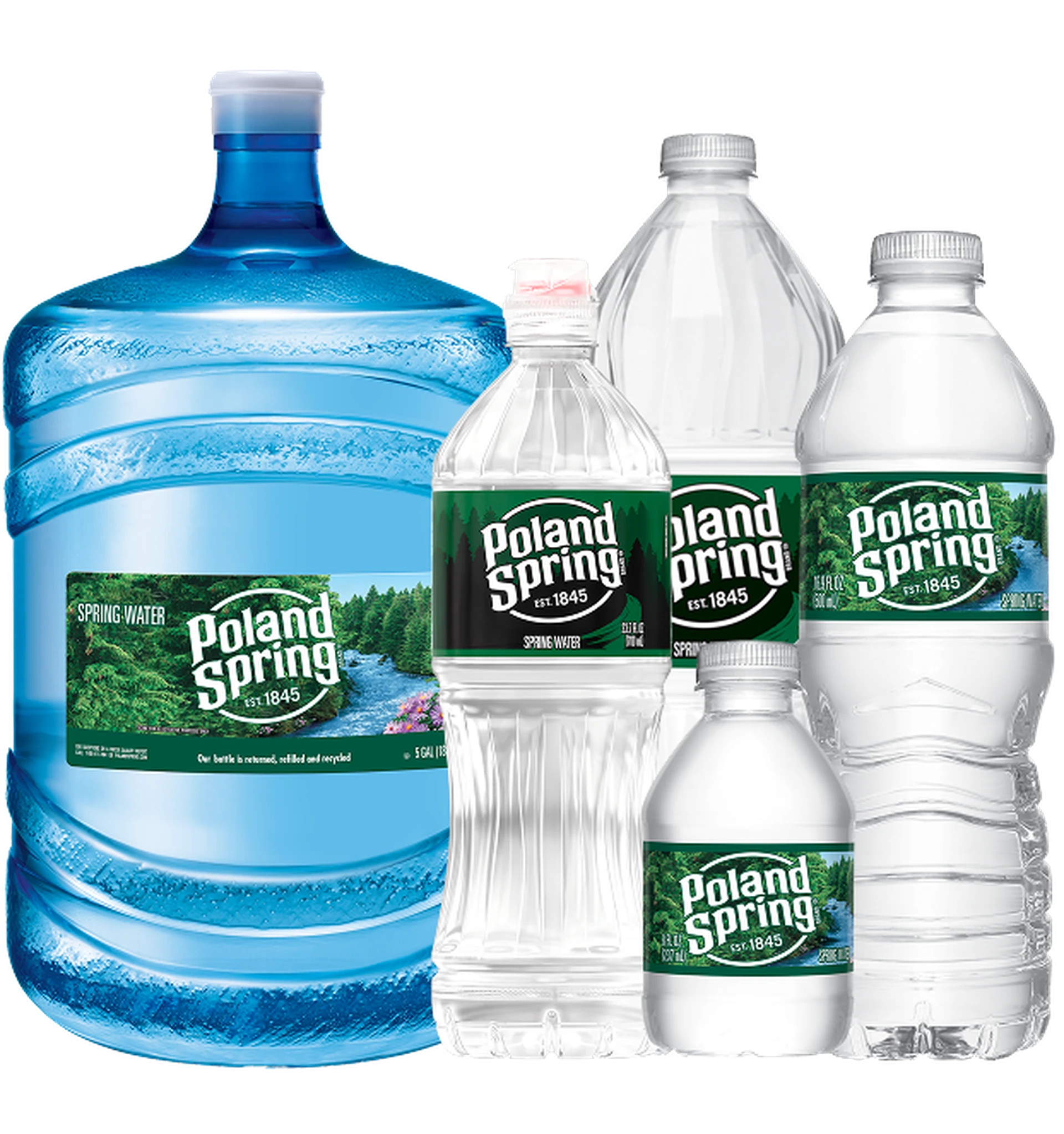 Five Poland Spring water bottles