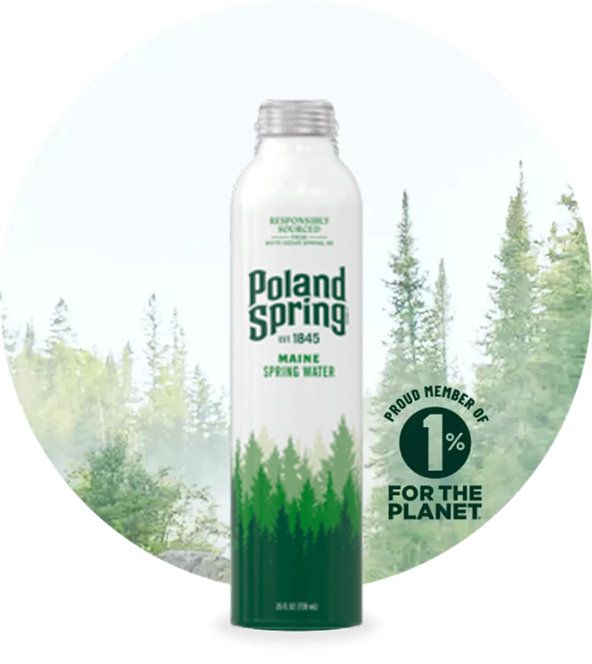 A Poland Spring water bottle with green forest graphics, set against a backdrop of trees. The label highlights "1% for the Planet" membership.