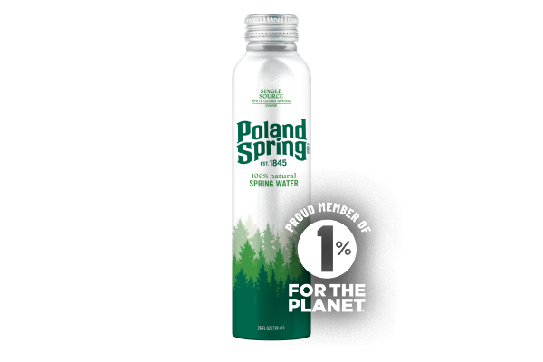 Poland Spring 25 oz spring water in an aluminum bottle. Proud member of 1% for the planet.