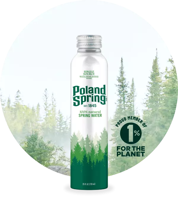 Poland Spring Aluminum bottle. Proud member of 1% for the planet.